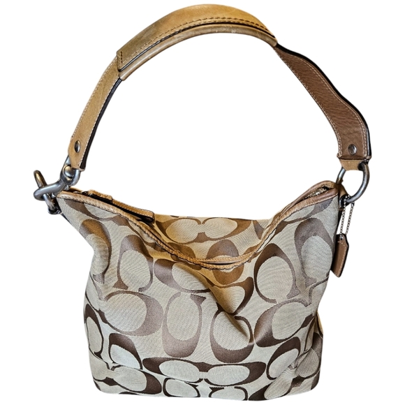 COACH SIGNATURE JACQUARD HOBO SHOULDER CANVAS BAG TAN BROWN F13082 y2k Preppy - Picture 2 of 16